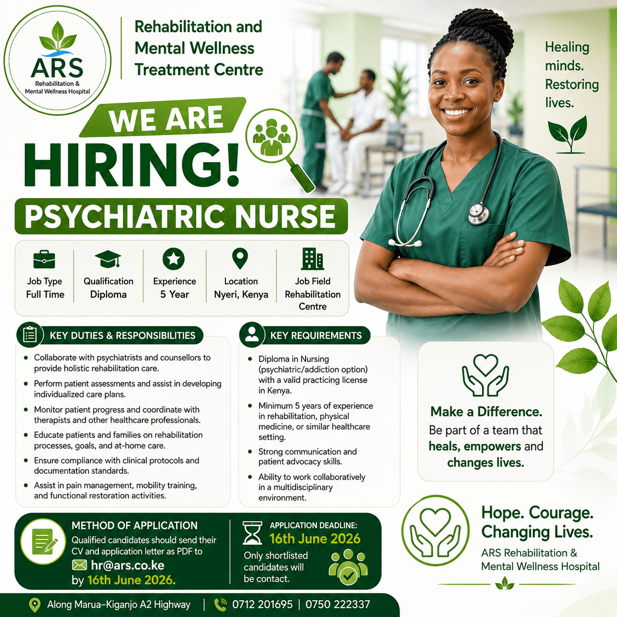 ARS hiring poster for a full-time Psychiatric Nurse role in Nyeri, Kenya.